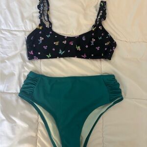 California Waves Black and Pink Floral Bikini Top Teal Bottoms XL